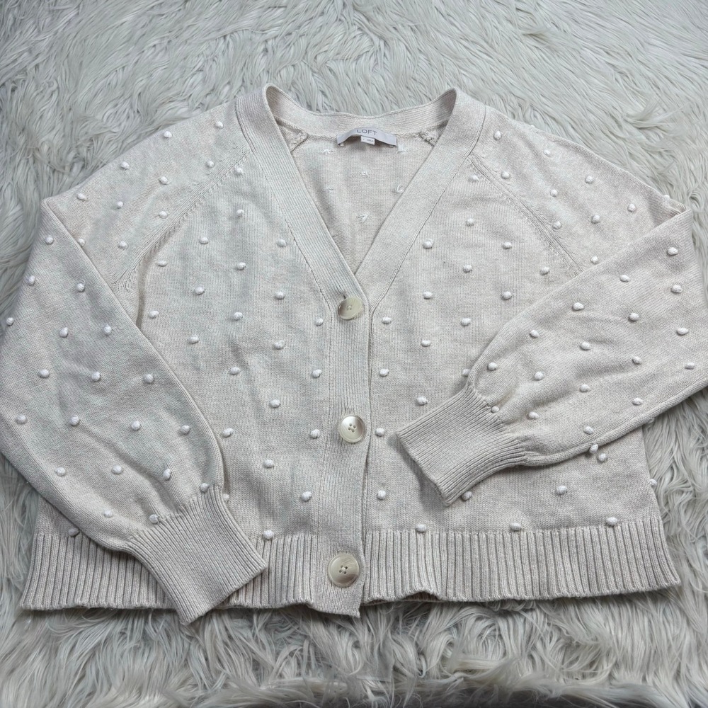 LOFT Women's L Cream White Pom Pom Polka Dot V-Neck Cardigan Cotton Preppy Tweee